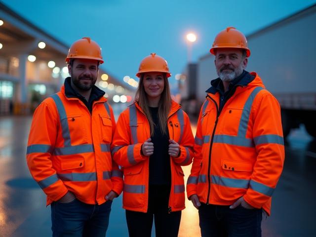 Group photo of professional trucking team members in high-vis gear