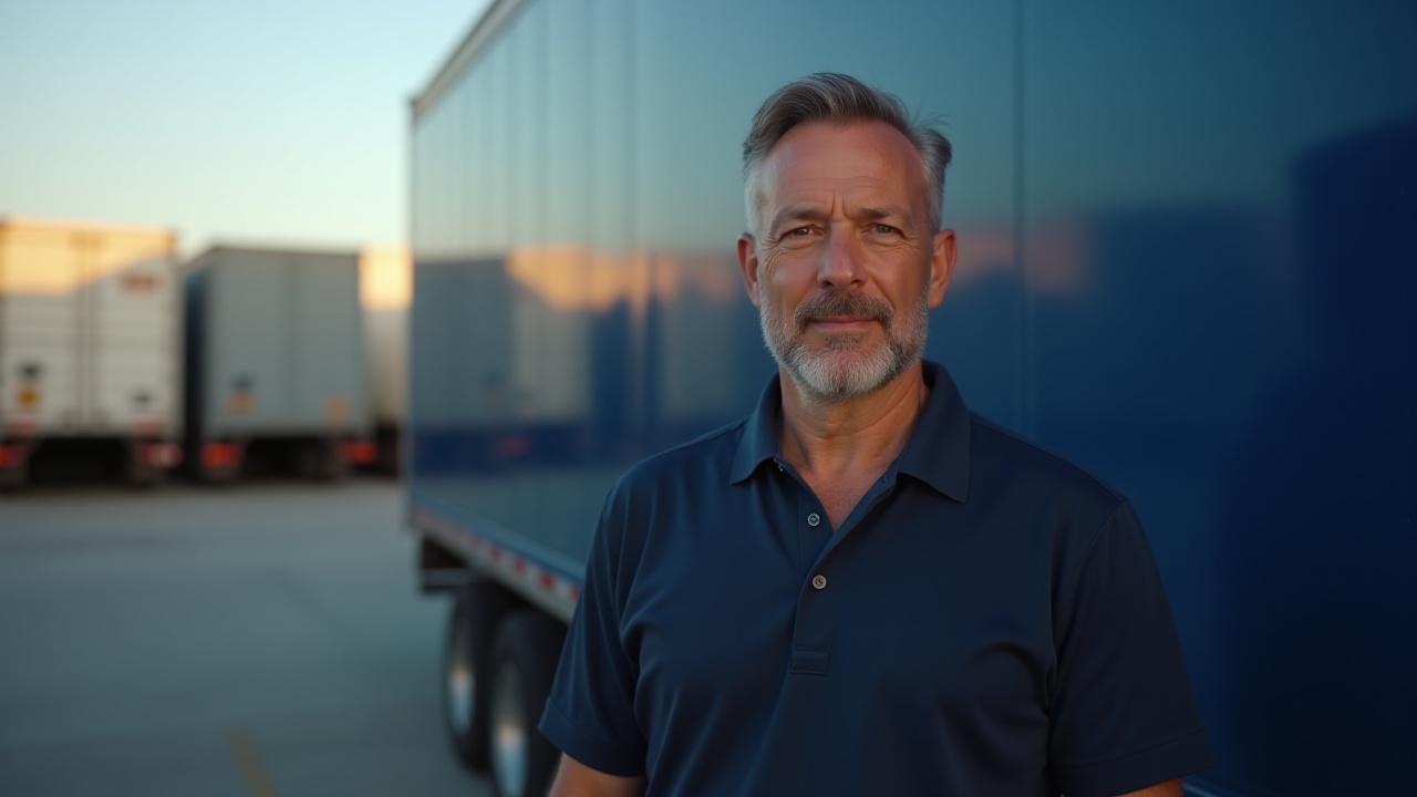 Amir's Trucking fleet specialist standing confidently in front of a heavy-duty freight truck