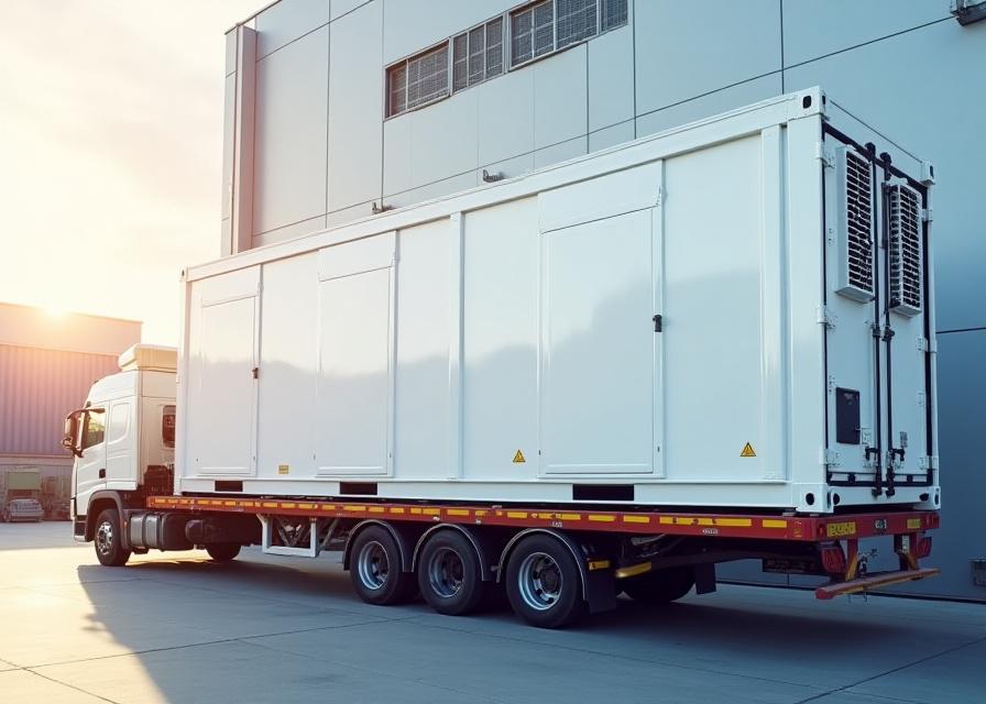White industrial container battery storage unit on a multi-axle heavy haul trailer