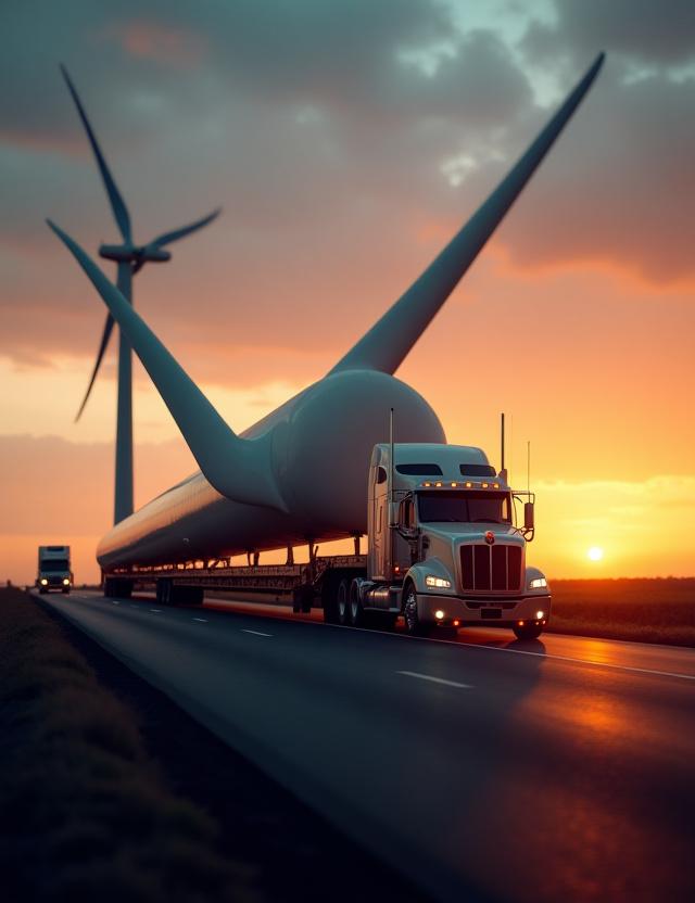 Heavy haul truck transporting a massive wind turbine blade at sunset