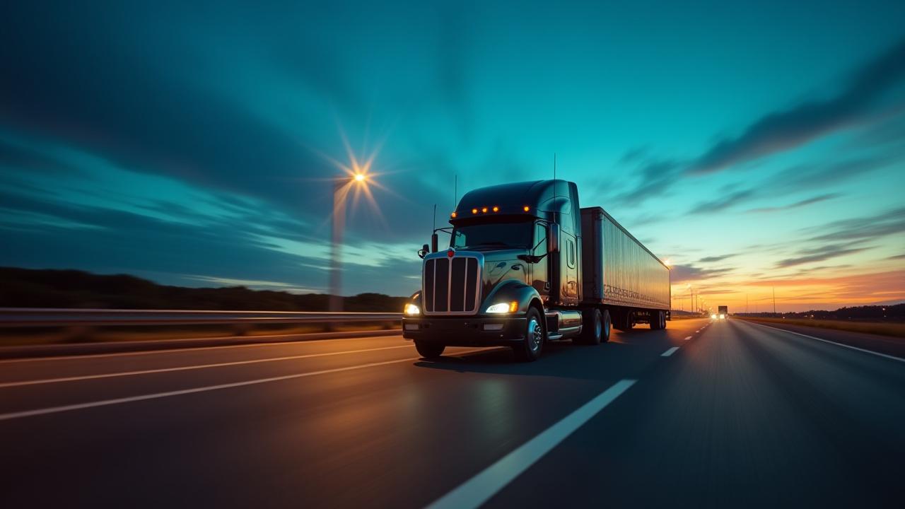Expedited transport truck moving at high speed during sunset