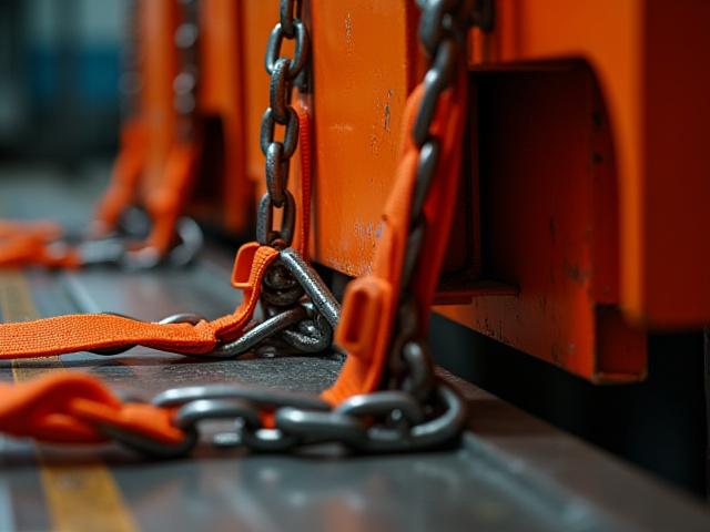 Close-up view of heavy-duty industrial straps and chains securing machinery to a flatbed