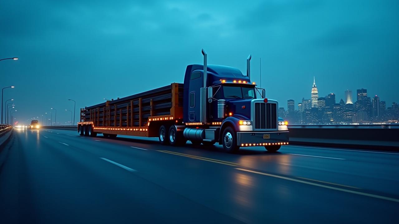 Loaded flatbed truck transporting construction materials through New York