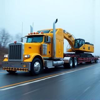 Lowboy trailer carrying a heavy excavator