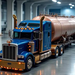Multi-axle trailer transporting industrial vessel