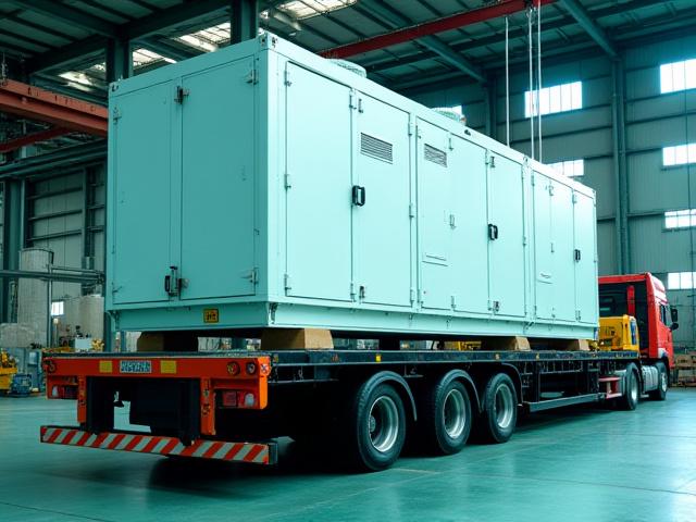 Technician supervising the offloading of large data center cooling units
