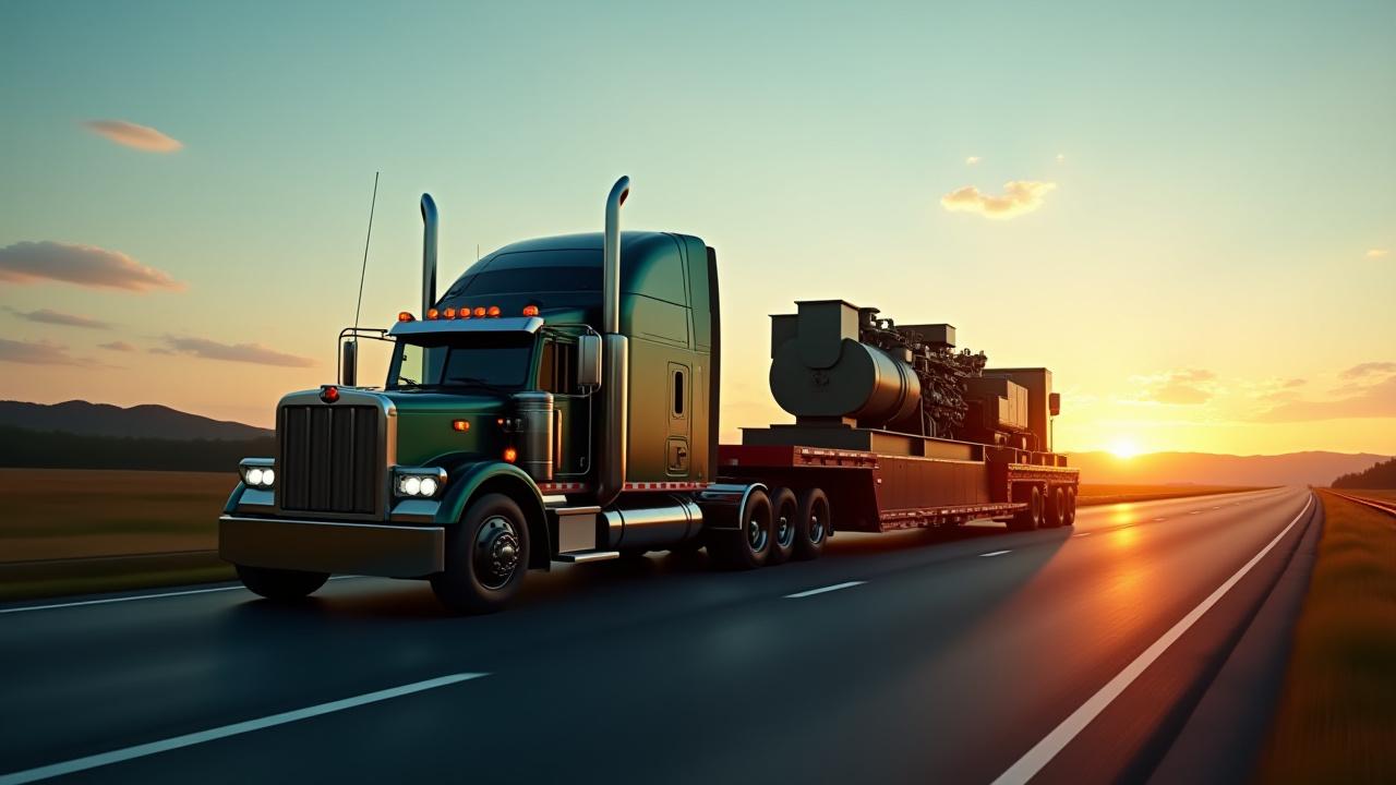 Powerful multi-axle truck hauling a massive industrial generator at dusk