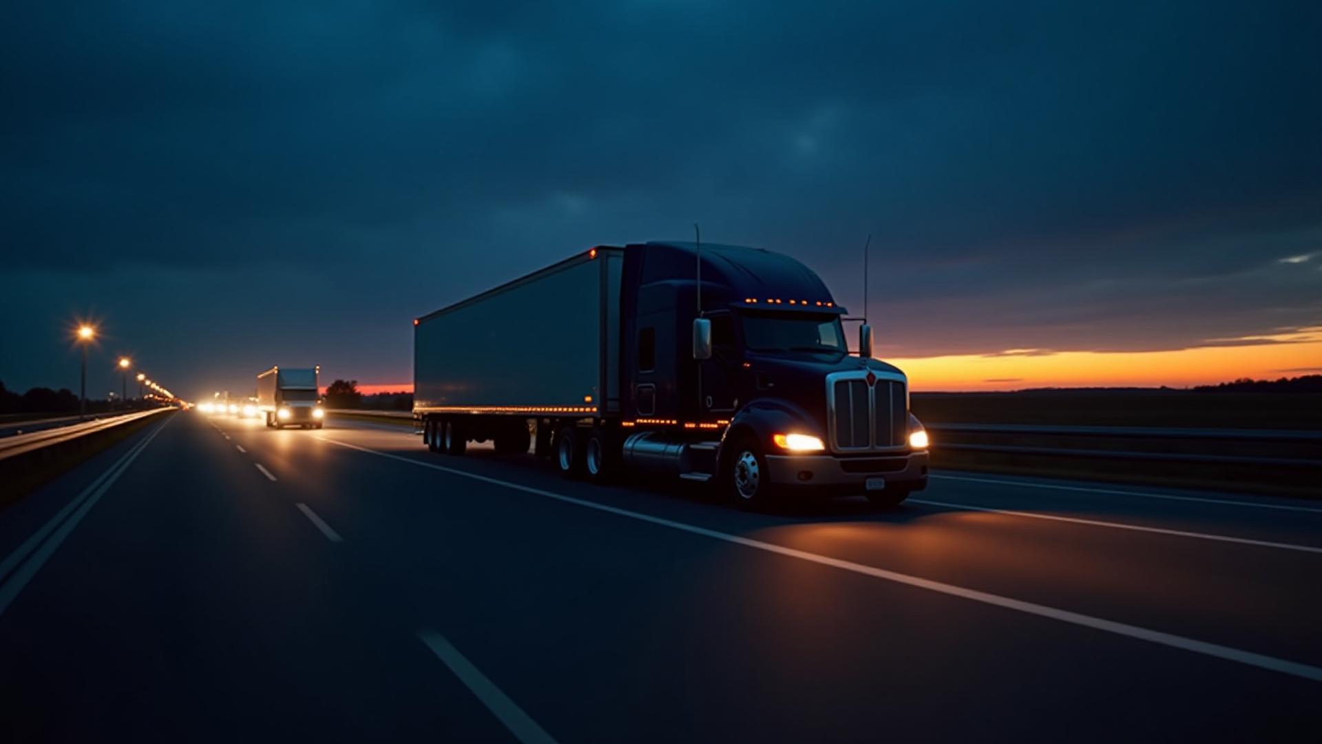 Modern logistics fleet at twilight representing 24/7 operations in Baldwin NY