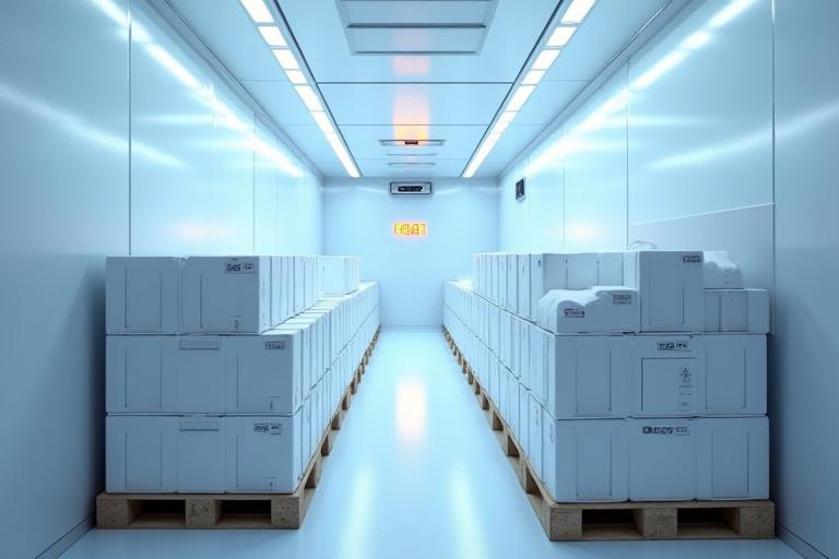 Securely palletized pharmaceutical crates inside a clean, cold transport environment