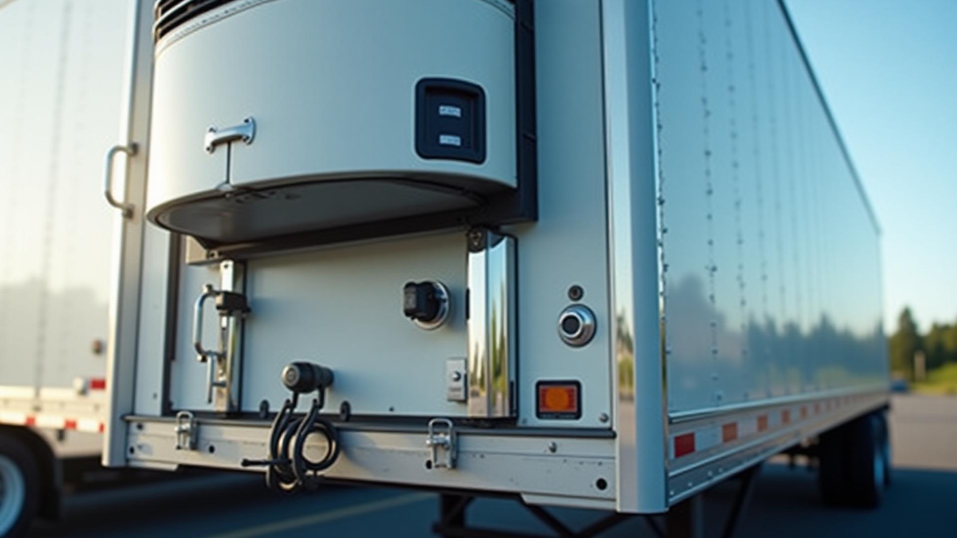 Close-up of a modern Carrier Transicold temperature control unit on a white refrigerated trailer