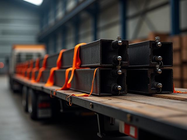 Flatbed trailer hauling structural construction steel